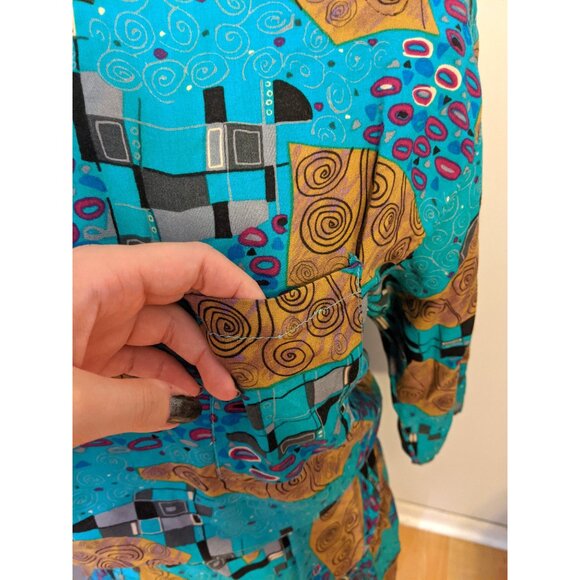 Vintage 80s Womens Two Piece Top & Skirt Set Abstract Blue Retro Statement Sz L - Picture 5 of 11
